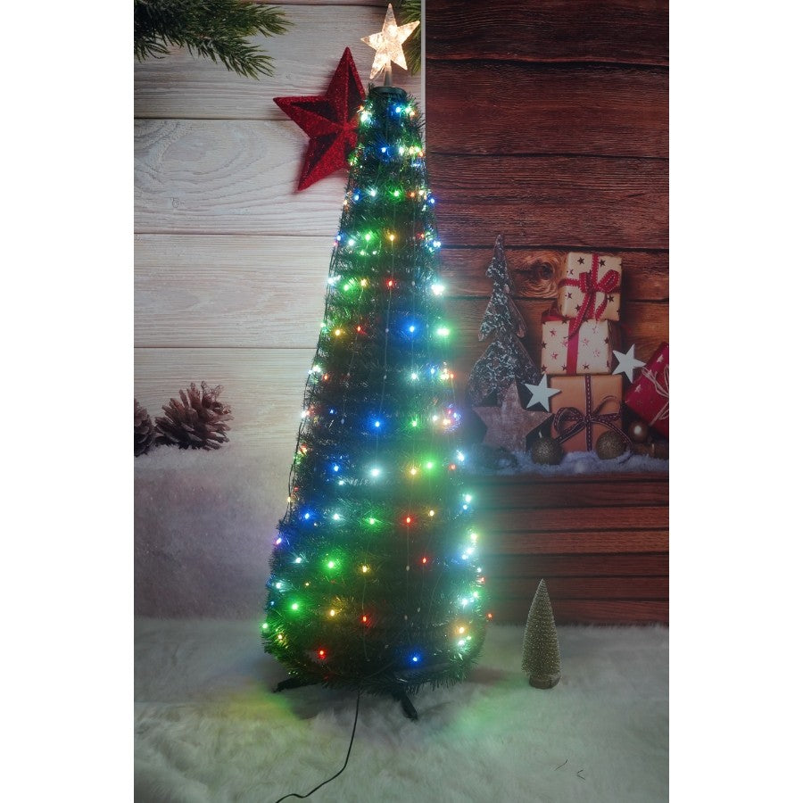 Brad artificial Pop-Up Flippy, cu instalatie integrata, Lumini RGB, Suport inclus, Stea luminata, 304 Led, 180 cm, Material PVC, Verde-0