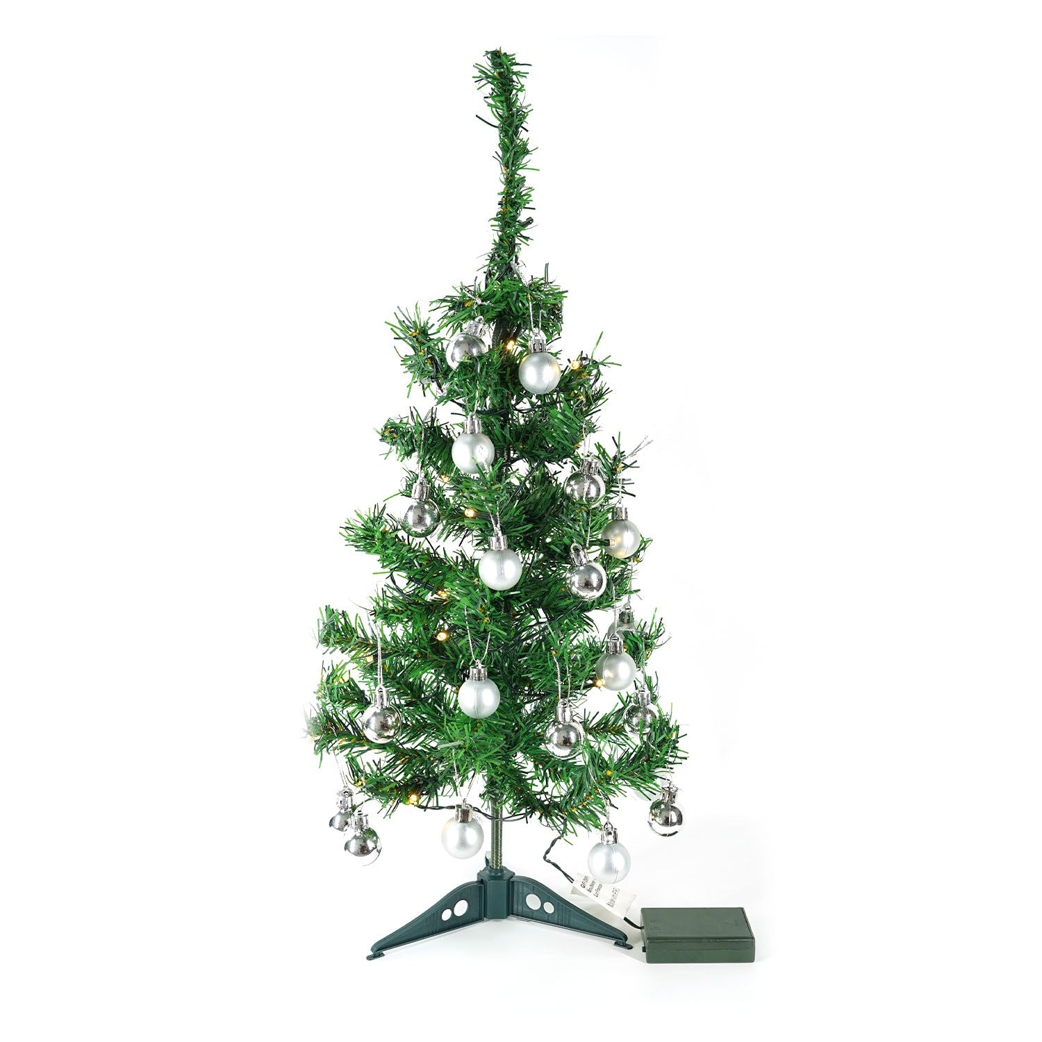 Brad Artificial Impodobit, 60 cm, suport plastic cu instalatie luminoasa 20 LED alb cald + 20 globuri argintii incluse, Flippy-3