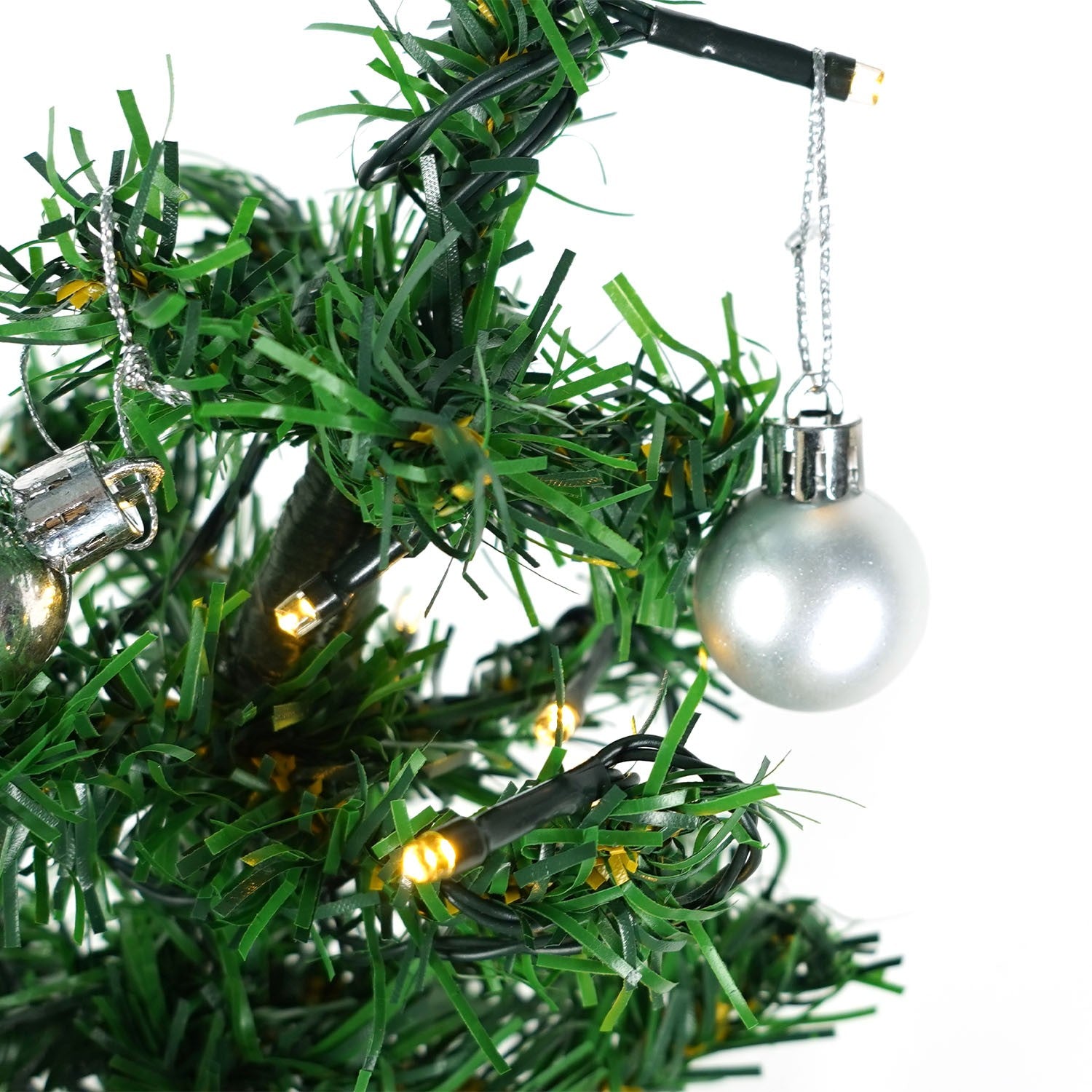 Brad Artificial Impodobit, 60 cm, suport plastic cu instalatie luminoasa 20 LED alb cald + 20 globuri argintii incluse, Flippy-5