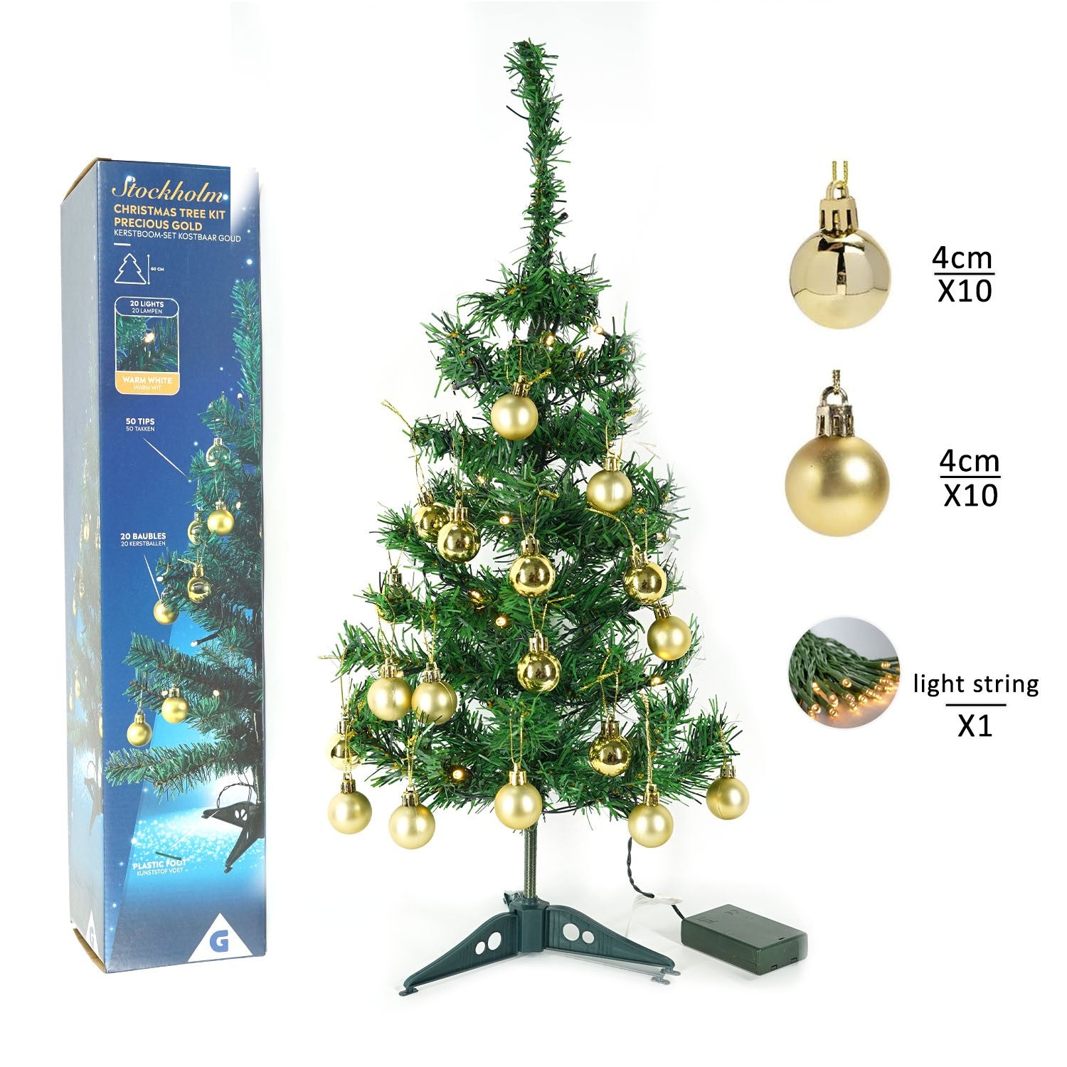 Brad Artificial Impodobit, 60 cm, suport plastic, cu instalatie luminoasa 20 LED alb cald + 20 globuri aurii incluse, Flippy-3