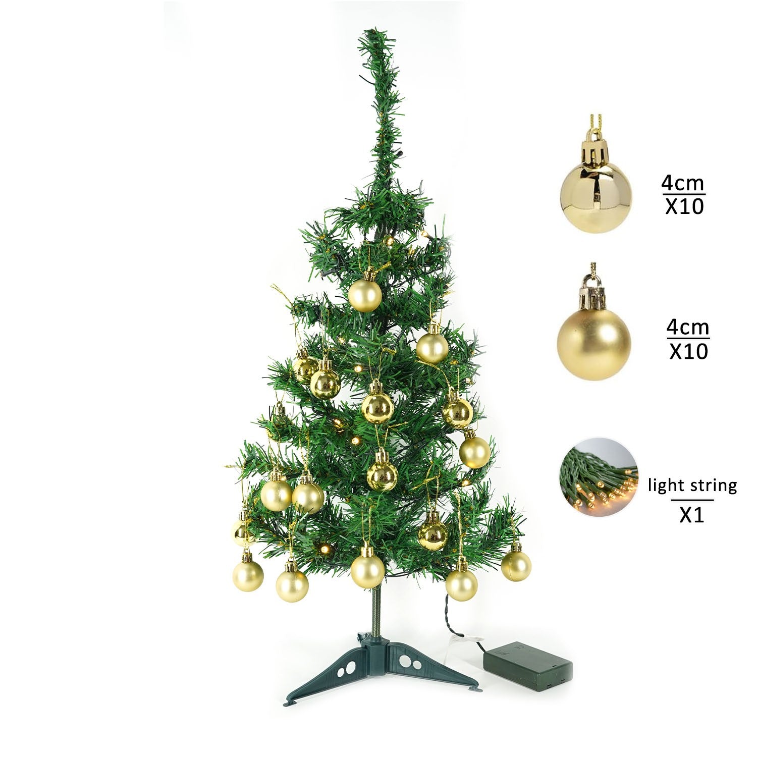 Brad Artificial Impodobit, 60 cm, suport plastic, cu instalatie luminoasa 20 LED alb cald + 20 globuri aurii incluse, Flippy-7