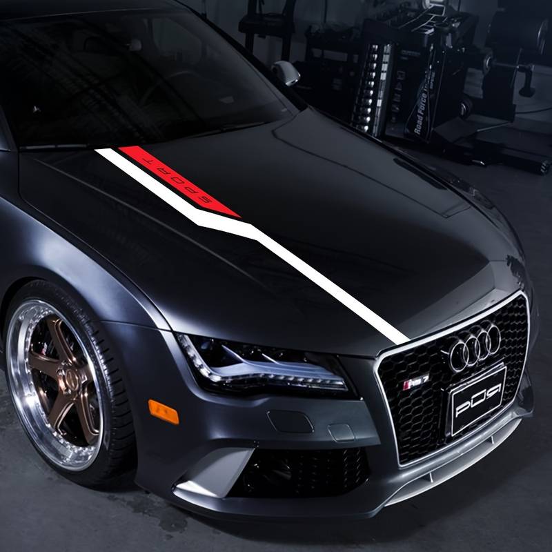 Set sticker autoadeziv Tuning in doua culori, model "Hood Stripes V3", dimensiune 130 x 10 cm, culoare Rosu + Negru-0