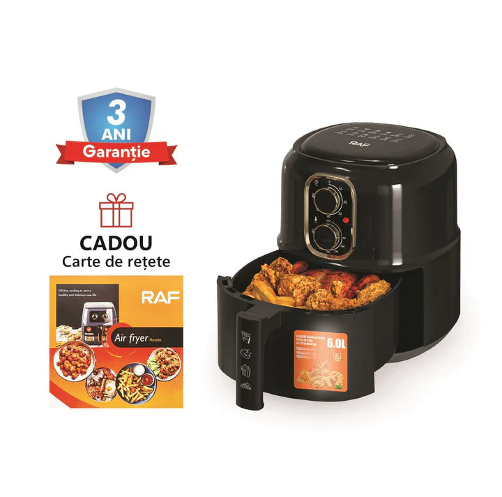 Friteuza cu aer Cald - Air Fryer RAF - 4.8L, 1600W, Control Manual, Circulare aer cald 360 grade, cu funcție Auto-Oprire, Negru, 3 ani Garanție + Carte de rețete electronică Cadou