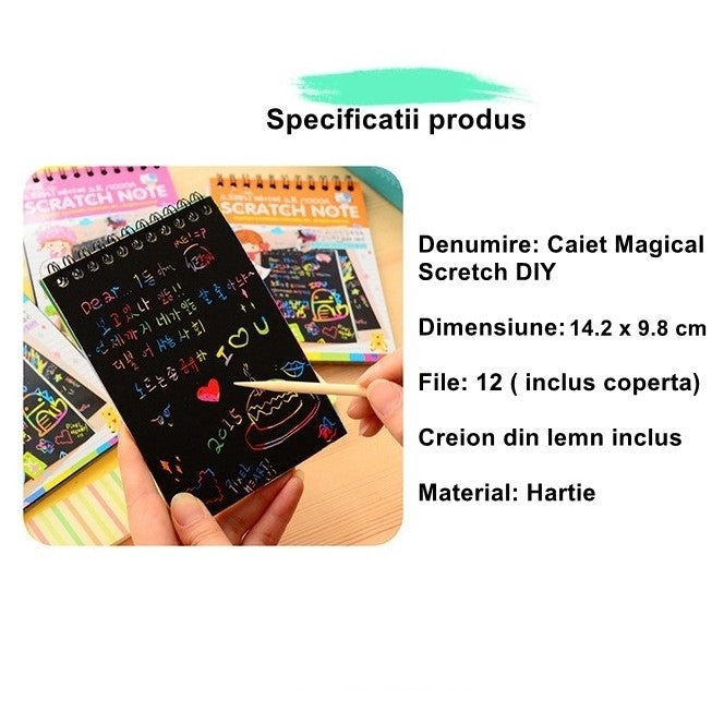 Caiet cu fise razuibile Flippy, DIY Magic Scratch, 12 File, Curcubeu, Creion din Lemn, Cartonase negre, 14.2 x 9.8 cm, Baby Blue-2