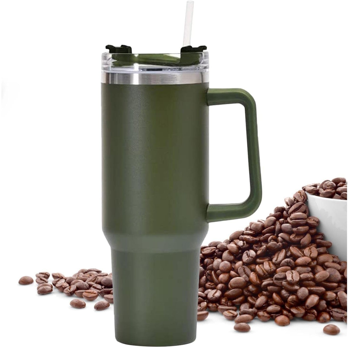Cana Termos din Plastic, Flippy, pentru Bauturi Calde si Reci, cu Maner, 9.9x9.9x27 cm, Verde Army-2
