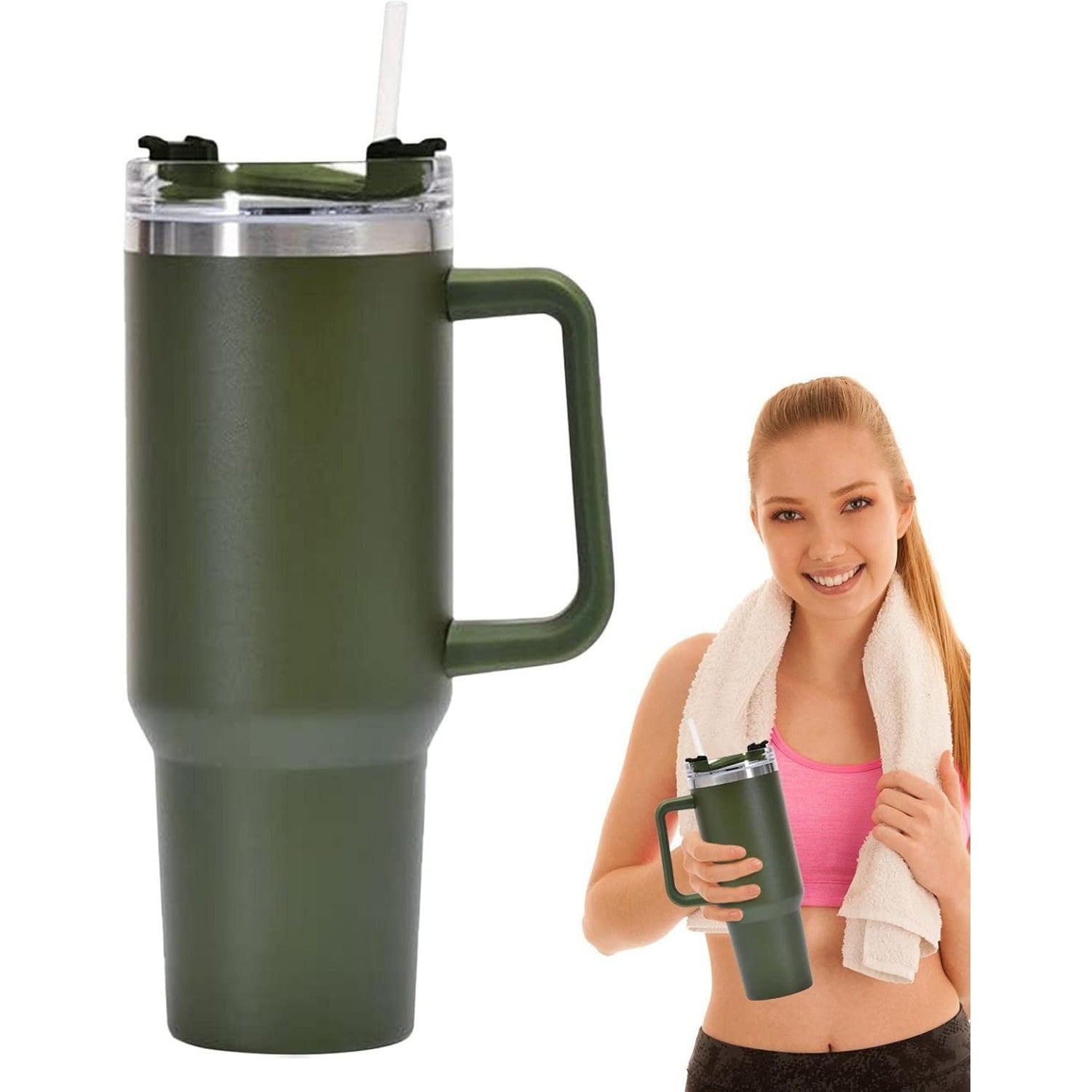 Cana Termos din Plastic, Flippy, pentru Bauturi Calde si Reci, cu Maner, 9.9x9.9x27 cm, Verde Army-7