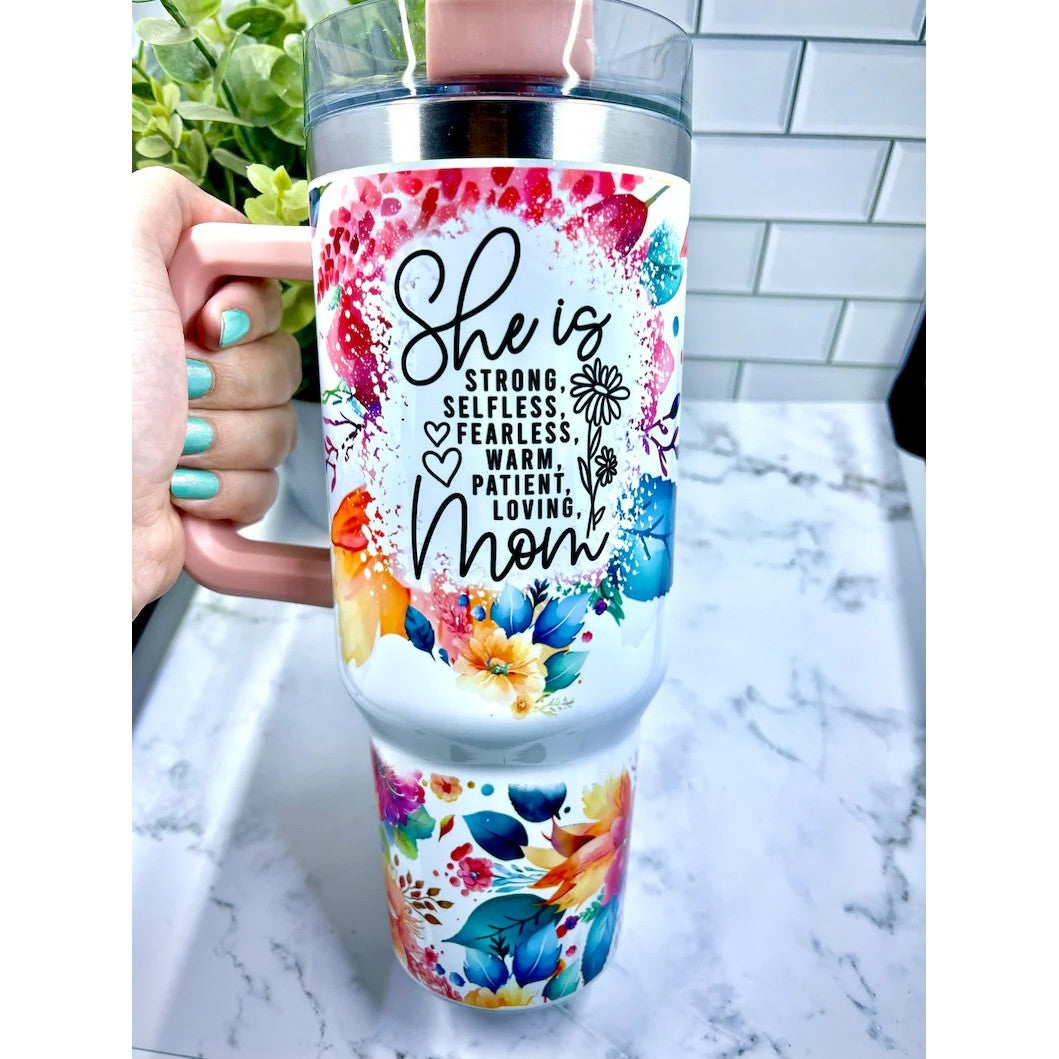 Cana Termos din Plastic, Flippy, pentru Bauturi Calde si Reci, cu Maner, Imprimeu Floral, cu Mesaj pentru Mama, Alb, 10x7.6x27.5 cm-3