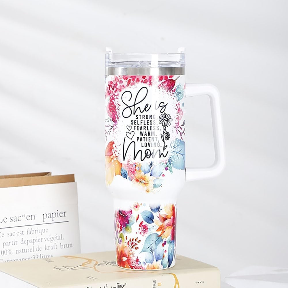 Cana Termos din Plastic, Flippy, pentru Bauturi Calde si Reci, cu Maner, Imprimeu Floral, cu Mesaj pentru Mama, Alb, 10x7.6x27.5 cm-6