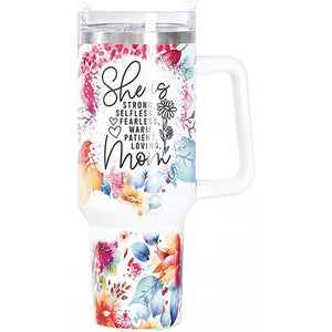 Cana Termos din Plastic, Flippy, pentru Bauturi Calde si Reci, cu Maner, Imprimeu Floral, cu Mesaj pentru Mama, Alb, 10x7.6x27.5 cm-0