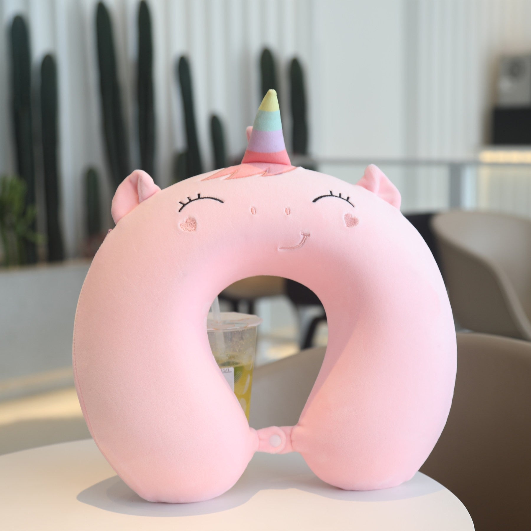 Perna de Calatorie in Forma de U, Flippy, Pentru Gat si Cap, Umplutura din Spuma cu Memorie, 30x30 cm, Model Unicorn, Accesoriu de Voiaj, Birou, Masina, Sistem Prindere Capse, Roz-3