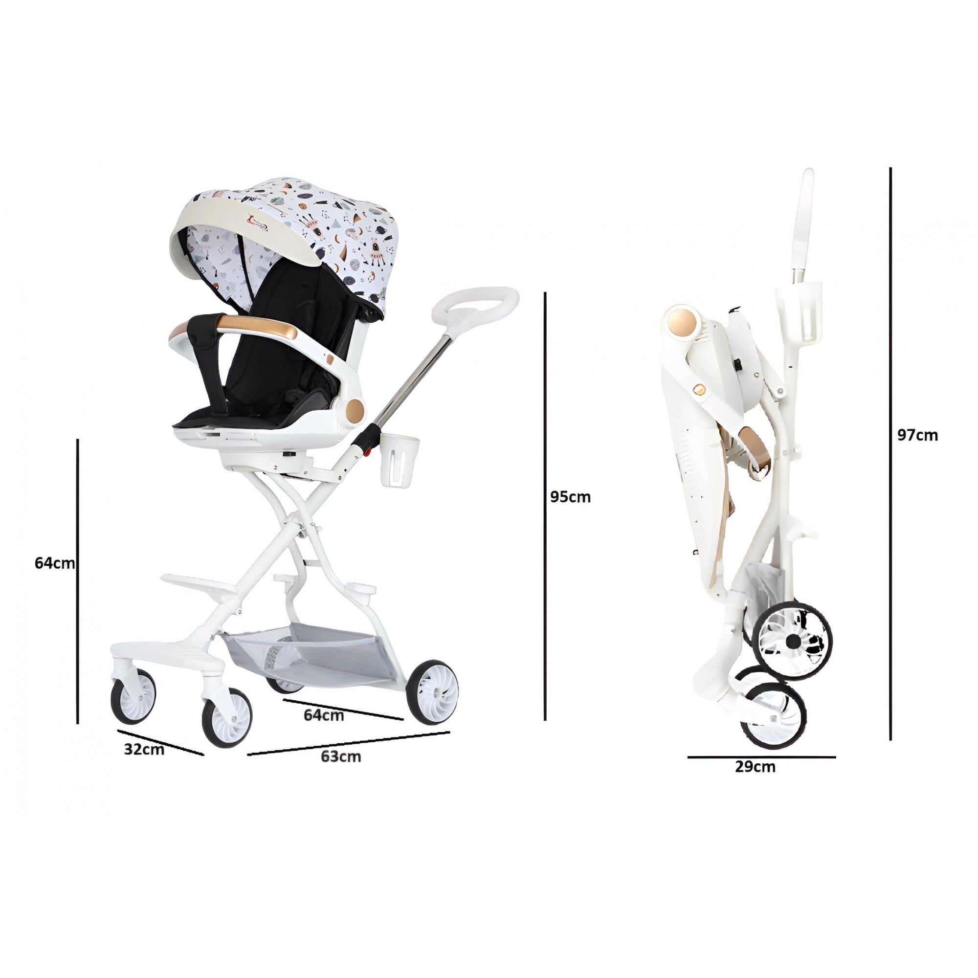Carucior Sport Flippy 3in1, 6-36 Luni, Reversibil, Pliabil, Tavita pentru Masa, Pozitie de Somn, Centura de Siguranta, Roti 360, Suport Pahar, Copertina pentru Soare, 32x63x95cm, Bej Model Cosmos-8