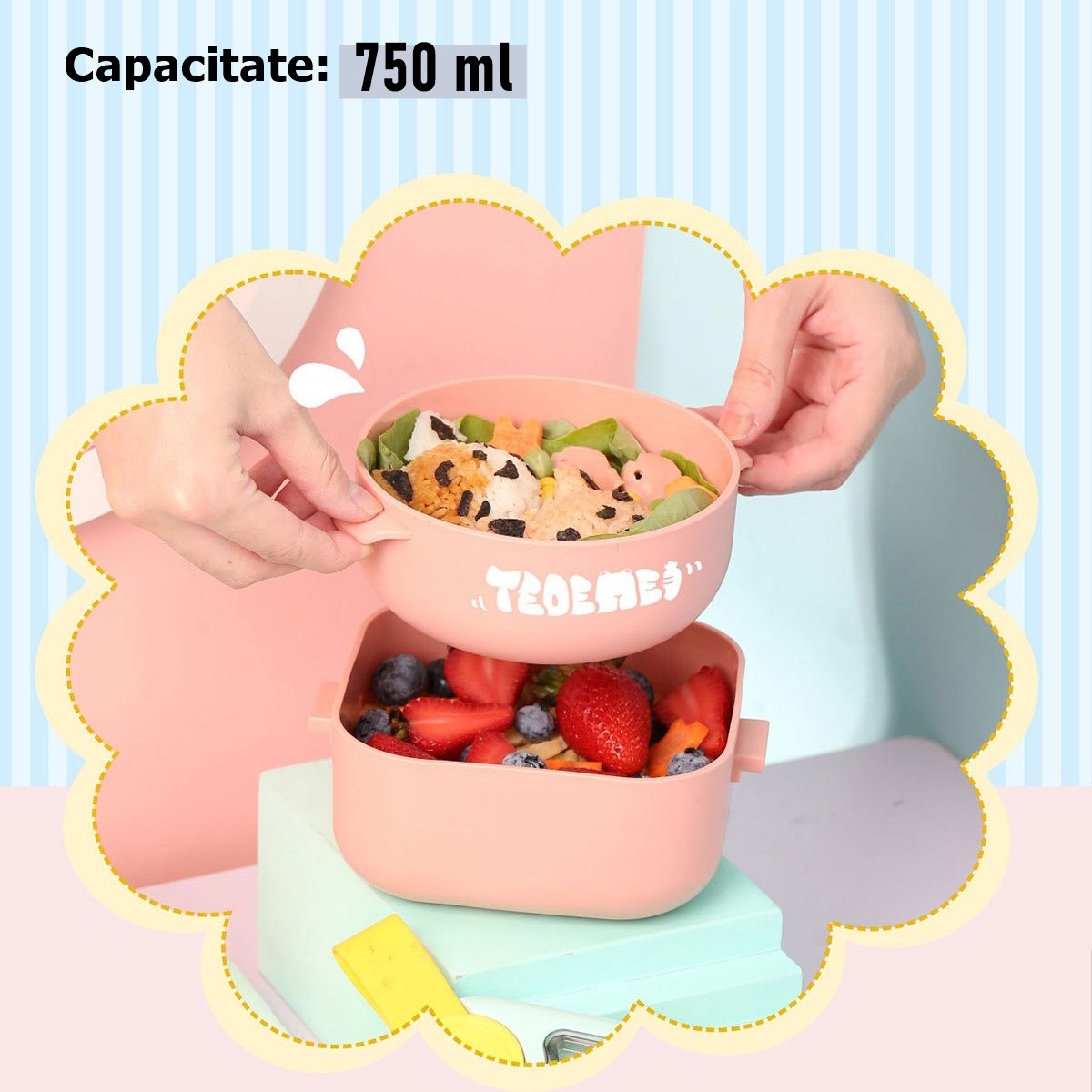 Caserola pentru copii Flippy, lunch box, 750 ml, doua boluri, lingura, foarfeca din plastic, rezistenta la scurgeri, Roz-11