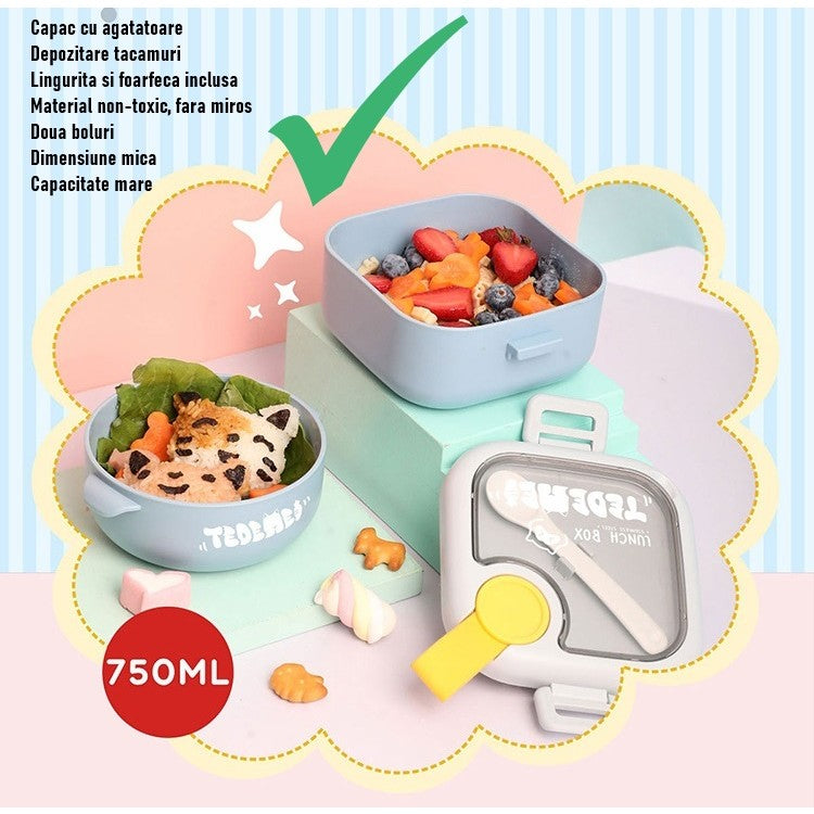 Caserola pentru copii Flippy, lunch box, 750 ml, doua boluri, lingura, foarfeca din plastic, rezistenta la scurgeri, Albastra-1