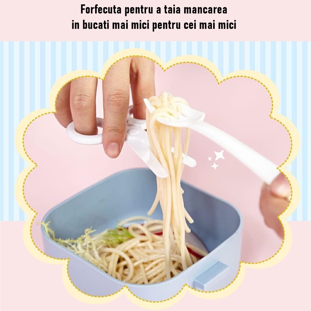 Caserola pentru copii Flippy, lunch box, 750 ml, doua boluri, lingura, foarfeca din plastic, rezistenta la scurgeri, Albastra-4