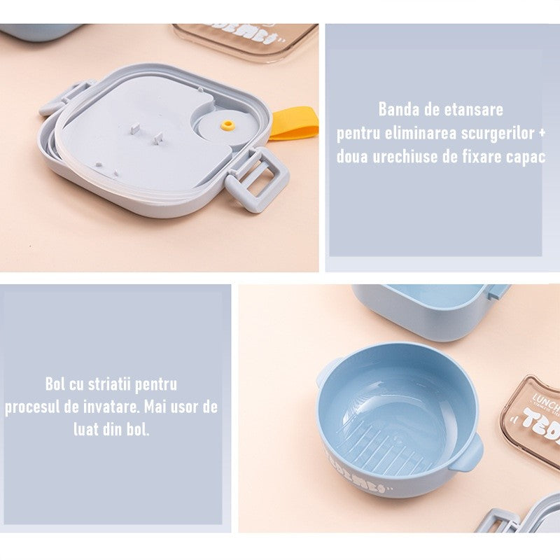 Caserola pentru copii Flippy, lunch box, 750 ml, doua boluri, lingura, foarfeca din plastic, rezistenta la scurgeri, Albastra-5