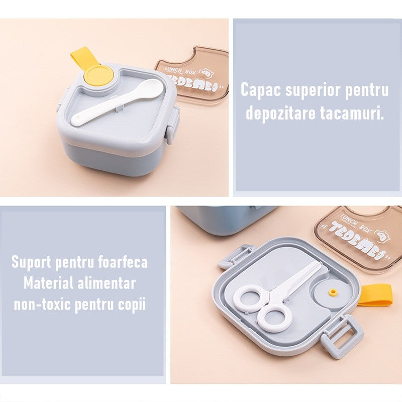 Caserola pentru copii Flippy, lunch box, 750 ml, doua boluri, lingura, foarfeca din plastic, rezistenta la scurgeri, Albastra-6