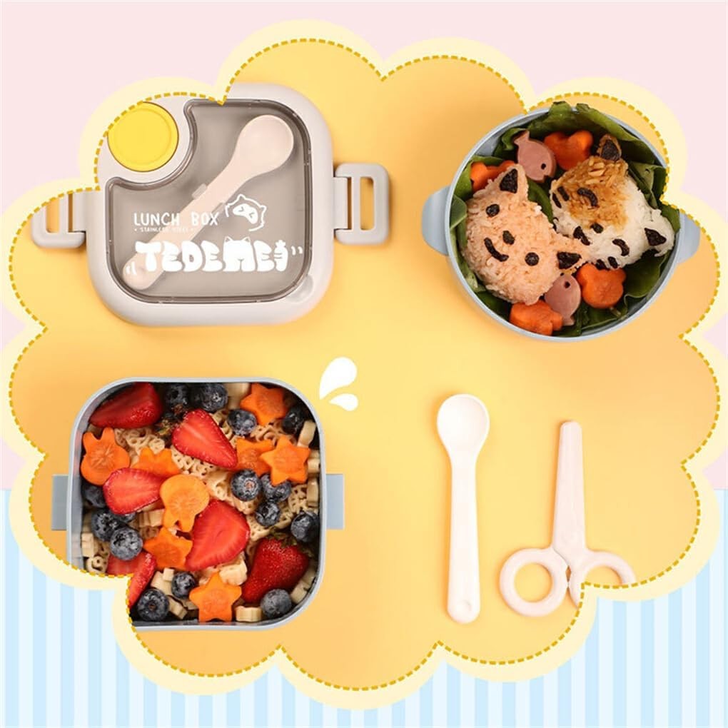 Caserola pentru copii Flippy, lunch box, 750 ml, doua boluri, lingura, foarfeca din plastic, rezistenta la scurgeri, Albastra-7