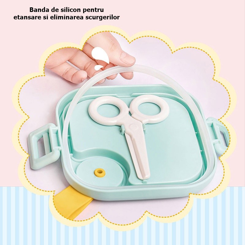 Caserola pentru copii Flippy, lunch box, 750 ml, doua boluri, lingura, foarfeca din plastic, rezistenta la scurgeri, Albastra-9