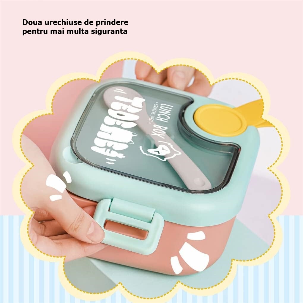 Caserola pentru copii Flippy, lunch box, 750 ml, doua boluri, lingura, foarfeca din plastic, rezistenta la scurgeri, Roz-3