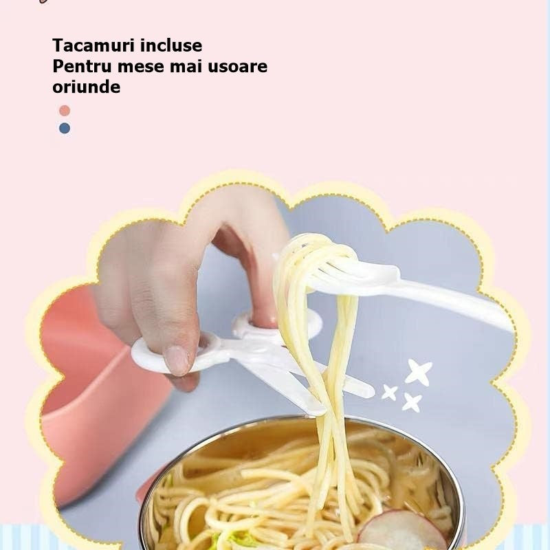 Caserola pentru copii Flippy, lunch box, 750 ml, doua boluri, lingura, foarfeca din plastic, rezistenta la scurgeri, Roz-4