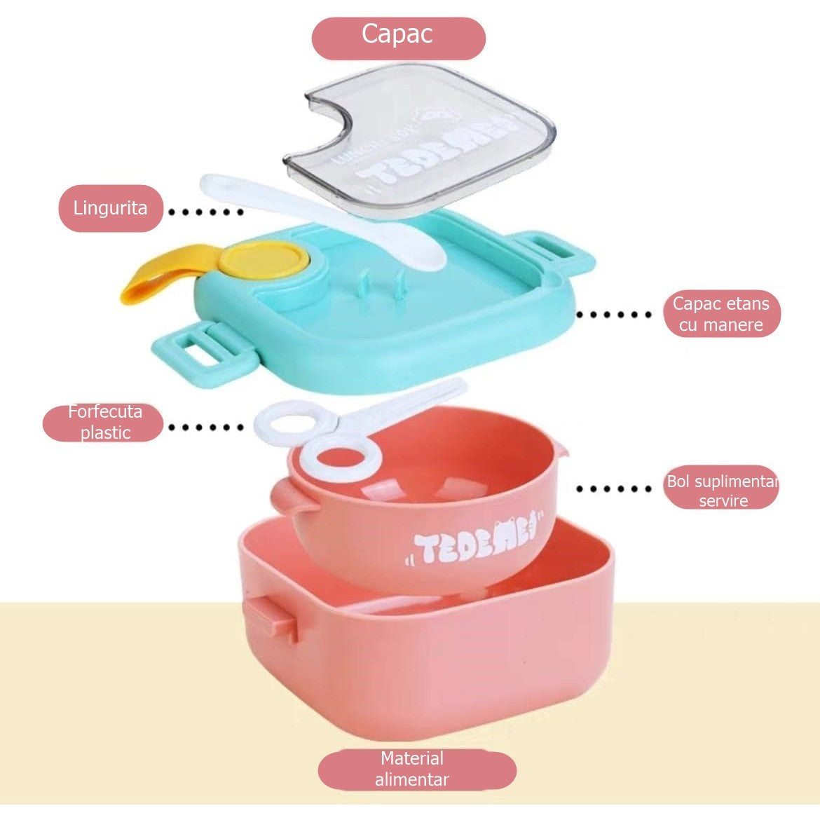 Caserola pentru copii Flippy, lunch box, 750 ml, doua boluri, lingura, foarfeca din plastic, rezistenta la scurgeri, Roz-6