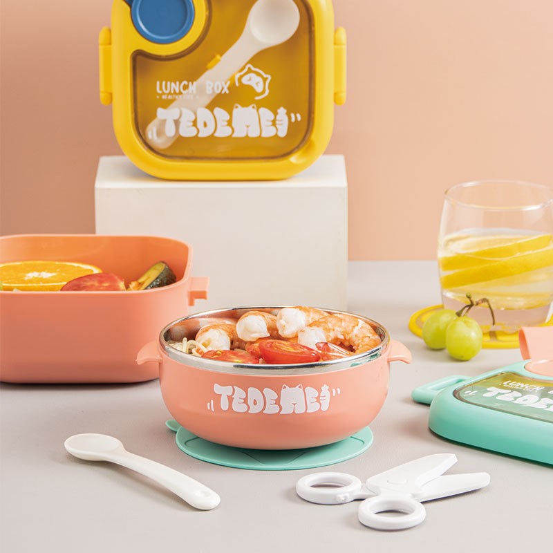 Caserola pentru copii Flippy, lunch box, 750 ml, doua boluri, lingura, foarfeca din plastic, rezistenta la scurgeri, Roz-8
