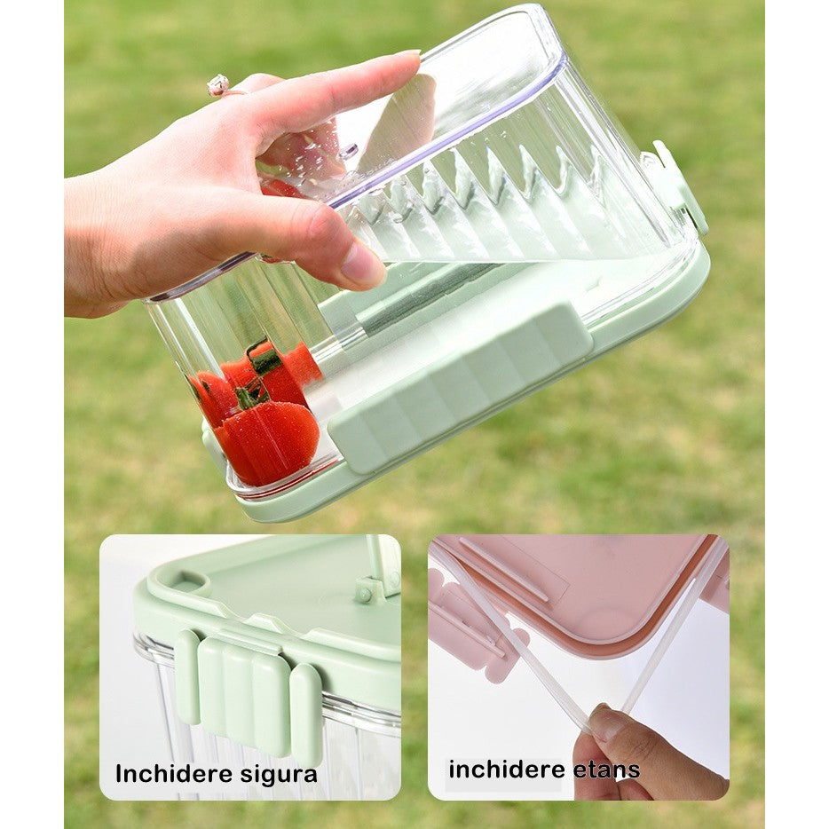 Caserola portabila pentru mancare fresh Flippy, 1500 ml, 2 furculite,10 x 13.5 x 20 cm, 2 capace detasabile pentru congelator, etans, spatiu pentru tacamuri, maner, material plastic, rezistent la temperaturi ridicate, transparent-5