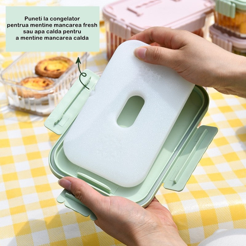 Caserola portabila pentru mancare fresh Flippy, 550 ml, furculita pentru fructe, 7 x 11.5 x 16 cm, capac detasabil pentru congelator, etans, spatiu pentru tacamuri, maner, material plastic, rezistent la temperaturi ridicate, transparent-2
