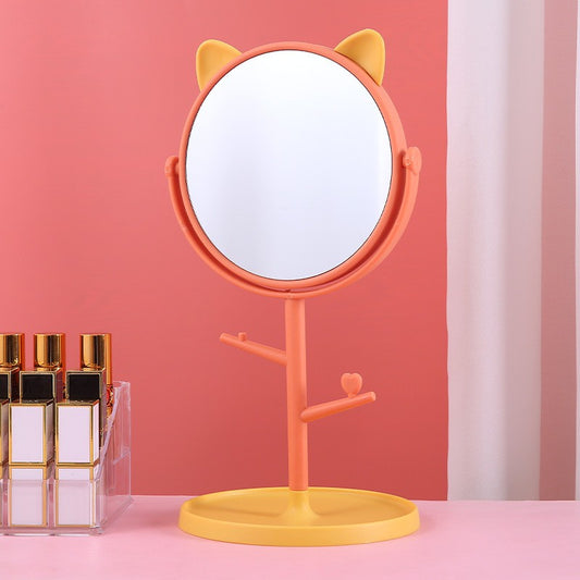 Oglina Cosmetica cu Picior, Flippy, HD, Rotire 360 Grade, 15 cm Diametru, Suport Bijuterii Baza Rotunda + 2 Brate, Model cu Urechi, 31 x 14.5 x 15 cm, din Plastic, Portocaliu/Galben-1