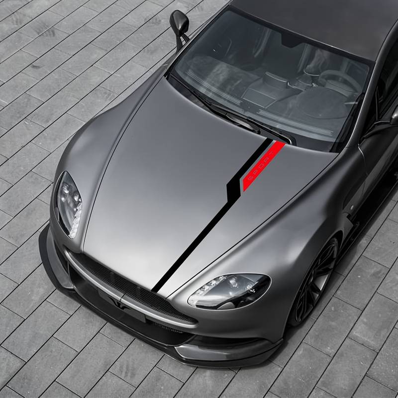 Set sticker autoadeziv Tuning in doua culori, model "Hood Stripes V3", dimensiune 130 x 10 cm, culoare Negru + Rosu-0