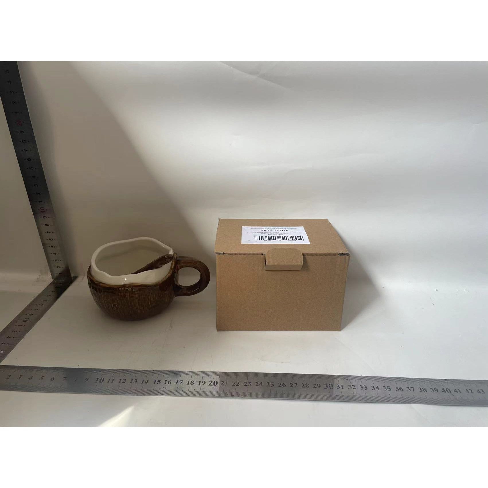 Cana din Ceramica, Flippy, 201-300 mL, cu Lingurita, Model Nuca de Cocos, Maro-1