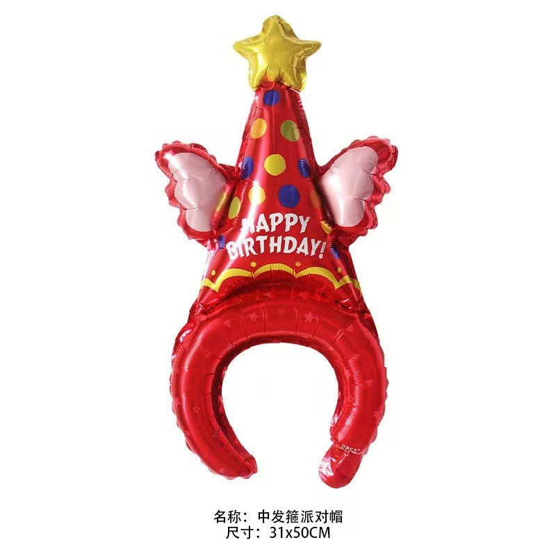 Balon din Folie Metalizata, Flippy, Figurine Animalute, Tip Coronita, Model Palarie de Petrecere, Ambalaj Individual, Pai Inclus, Umflare cu Aer sau Heliu, Rosu-0