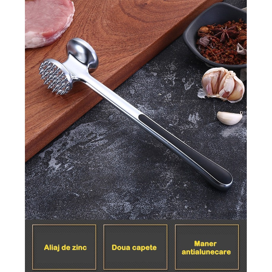 Ciocan pentru snitele si carne Flippy, din aliaj de zinc, maner antialunecare, doua capete, 22 cm, argintiu-2