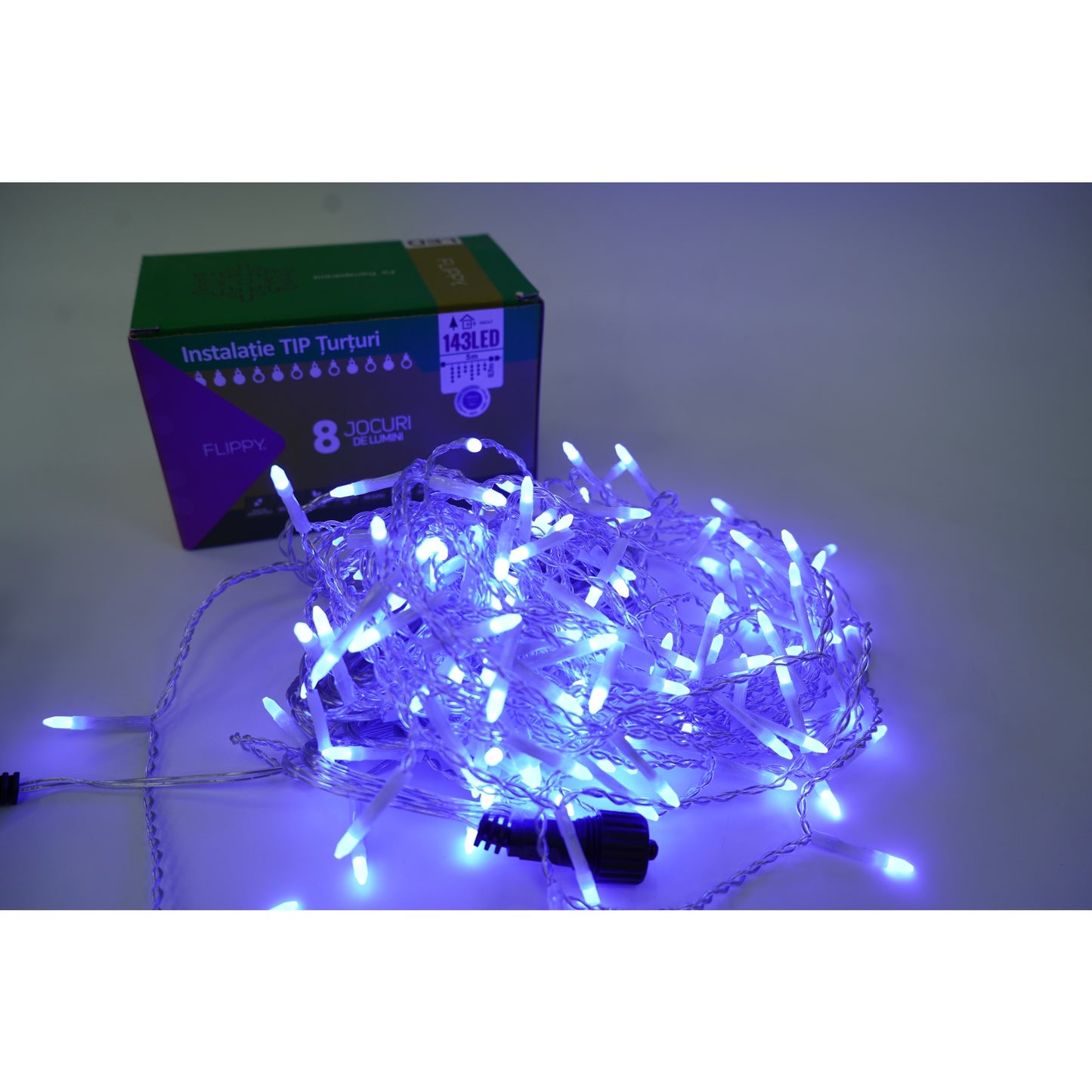Componenta Instalatie Craciun, Sectiune 5 m, 143 LED-uri, Franjuri, Albastru, 8 jocuri de lumini, Interconectabila, Fir Transparent, Flippy-2