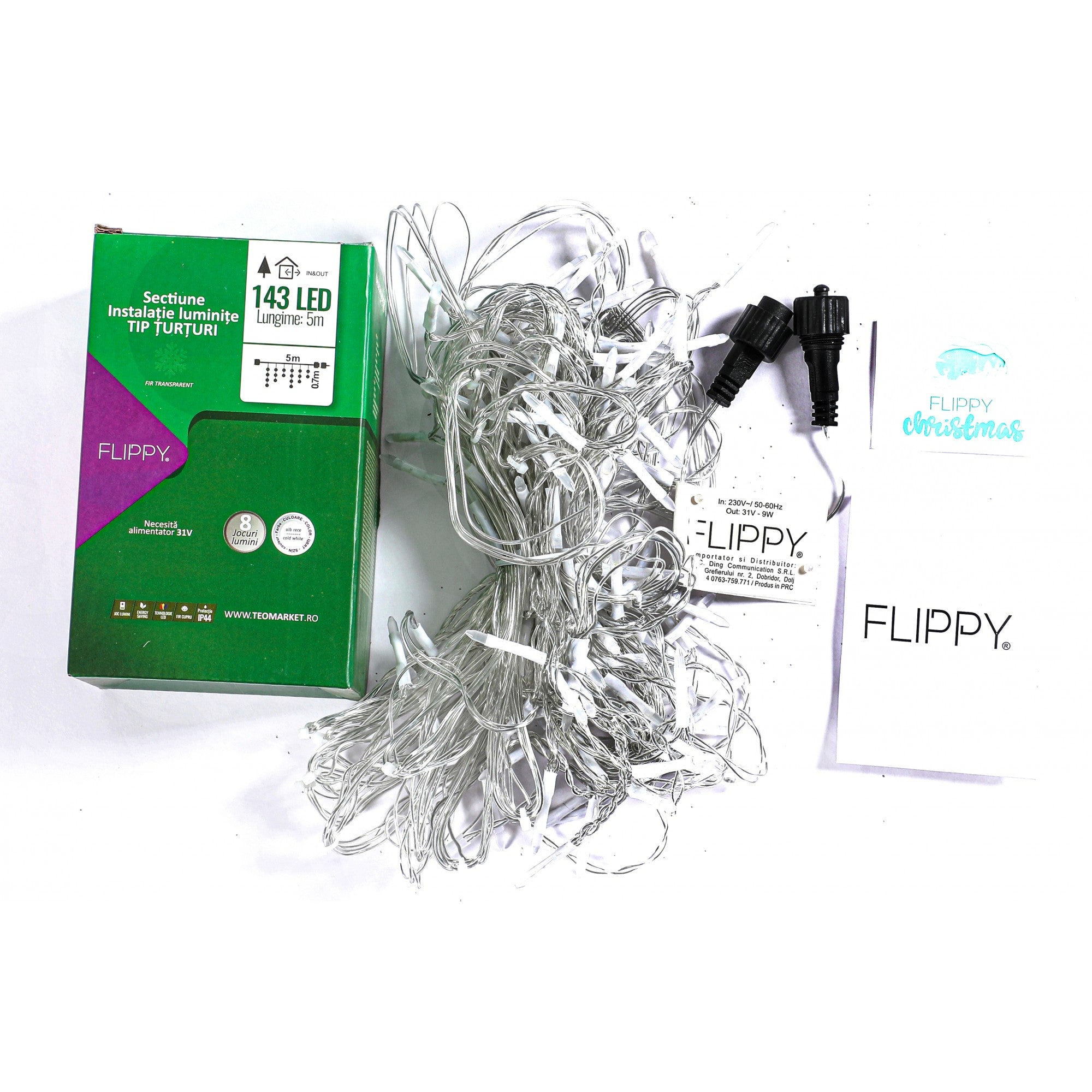 Componenta Instalatie de Craciun Flippy® Tip Franjuri, 8 jocuri de lumini Sectiune 5 m, 143 LED-uri, Interconectabila, Fir Transparent, Alb Rece, Nu contine Transformator !-3