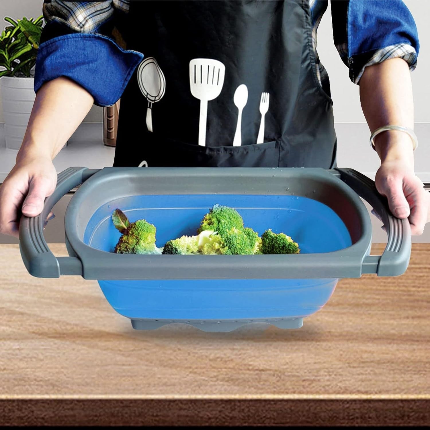 Cos de Scurgere Retractabil pentru Chiuveta, Flippy, cu Filtru, pentru Fructe si Legume, de Uz Casnic, 39x12 cm, Design Extensibil pana la 61 cm, cu Manere de Prindere, Albastru-3