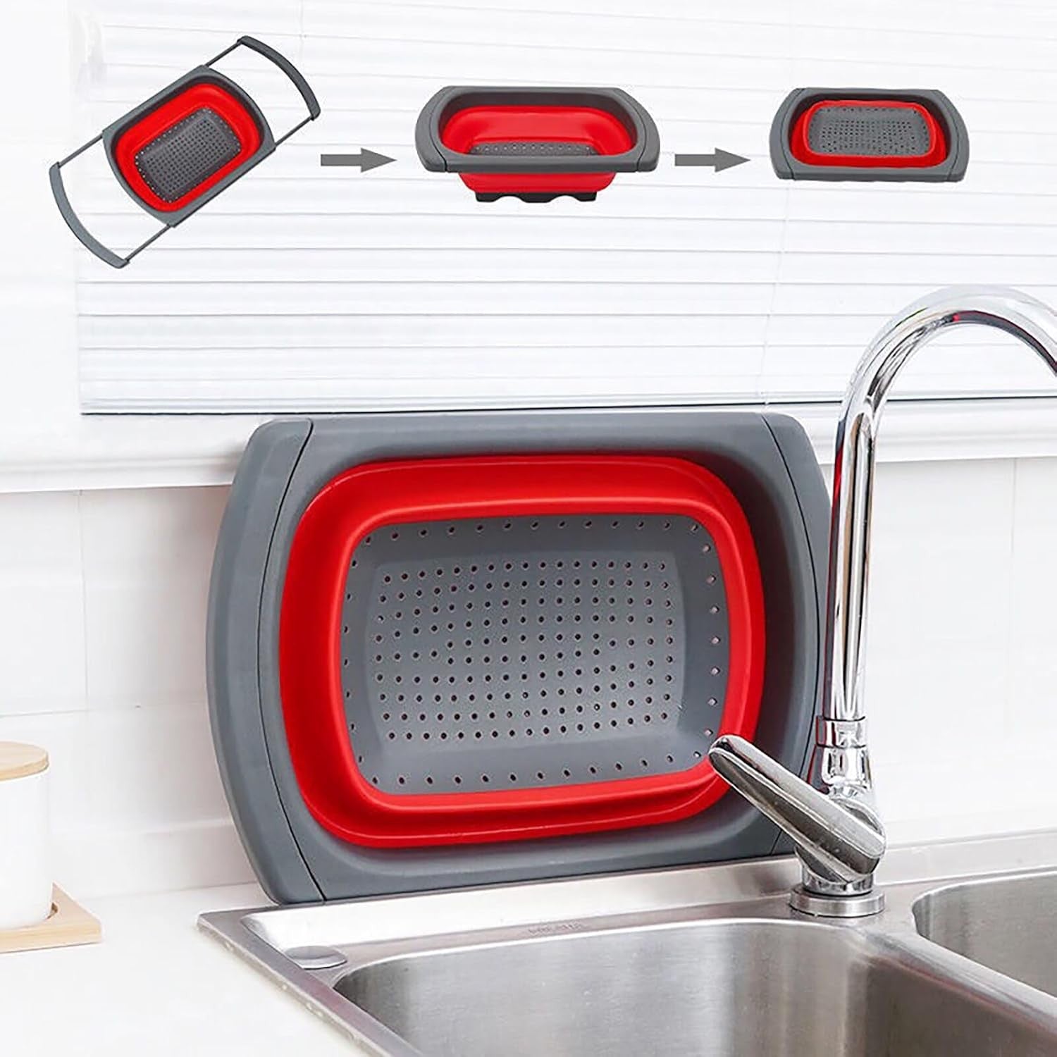 Cos de Scurgere Retractabil pentru Chiuveta, Flippy, cu Filtru, pentru Fructe si Legume, de Uz Casnic, 39x12 cm, Design Extensibil pana la 61 cm, cu Manere de Prindere, Rosu-2