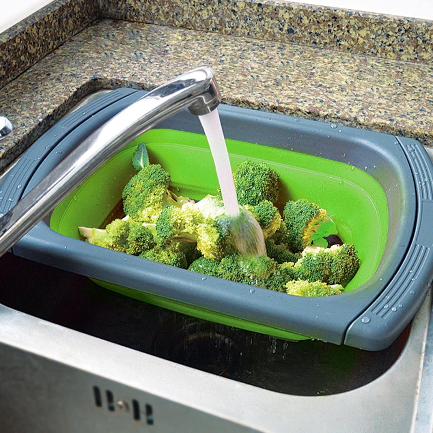 Cos de Scurgere Retractabil pentru Chiuveta, Flippy, cu Filtru, pentru Fructe si Legume, de Uz Casnic, 39x12 cm, Design Extensibil pana la 61 cm, cu Manere de Prindere, Verde-6