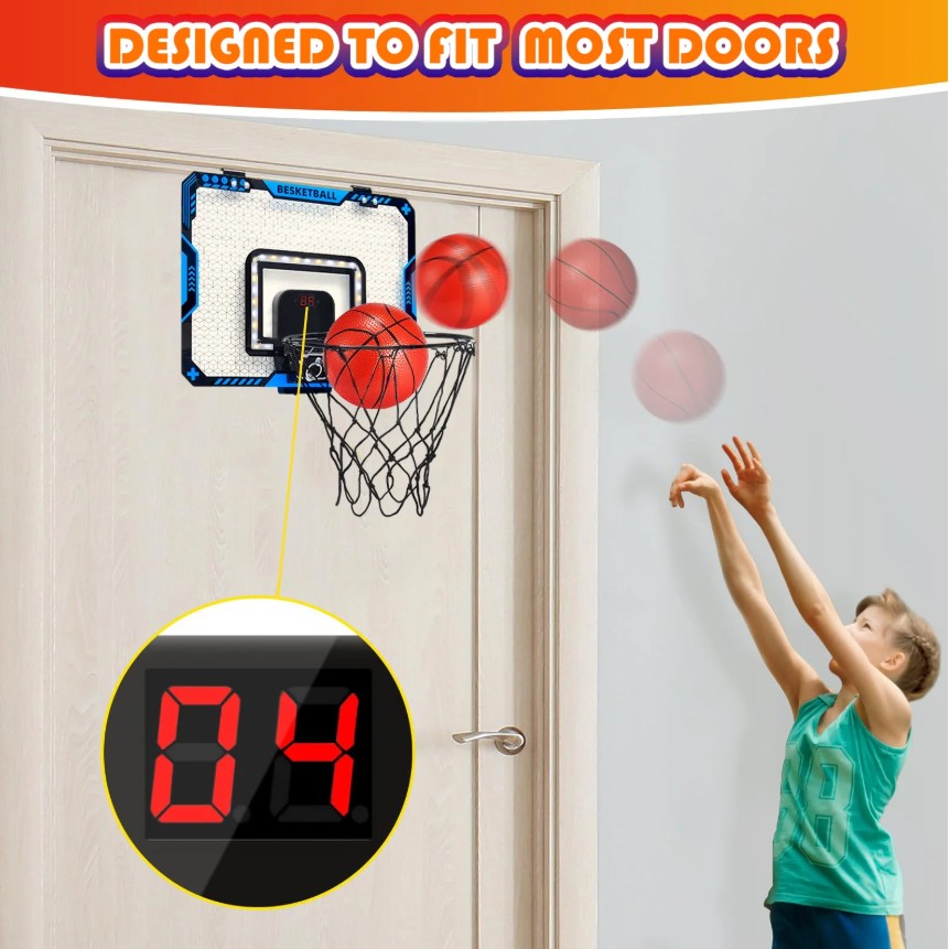 Cos de Baschet pentru Copii, Flippy, cu Tablou de Bord Electronic, Minge, Pompa, 2 Moduri, Interior/Exterior, Inel Metalic si Rabatabil cu Arc, Luminos, 41x31x5 cm, Multicolor-10