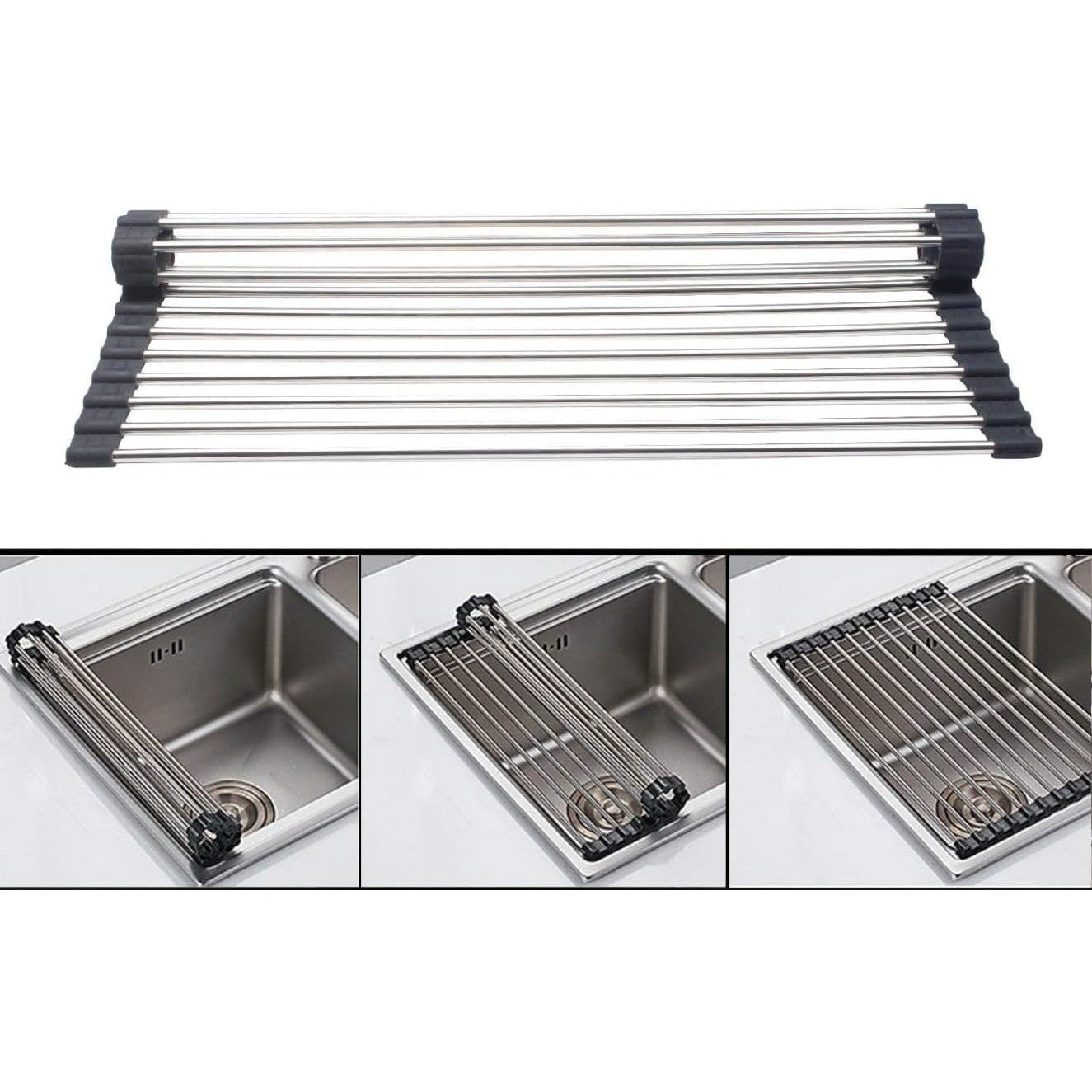 Covoras de Scurgere pentru Chiuveta Bucatarie, din Otel Inoxidabil, Suport Chiuveta, Pliabil, Antiderapant, Usor de Curatat si de Depozitat, 47x36 cm, 18 Tuburi, Negru-2