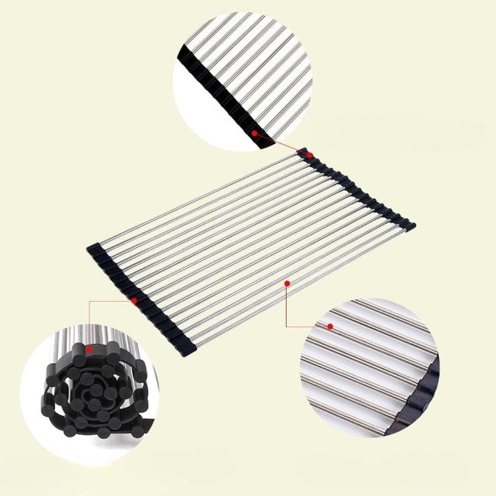 Covoras de Scurgere pentru Chiuveta Bucatarie, din Otel Inoxidabil, Suport Chiuveta, Pliabil, Antiderapant, Usor de Curatat si de Depozitat, 47x36 cm, 18 Tuburi, Negru-3