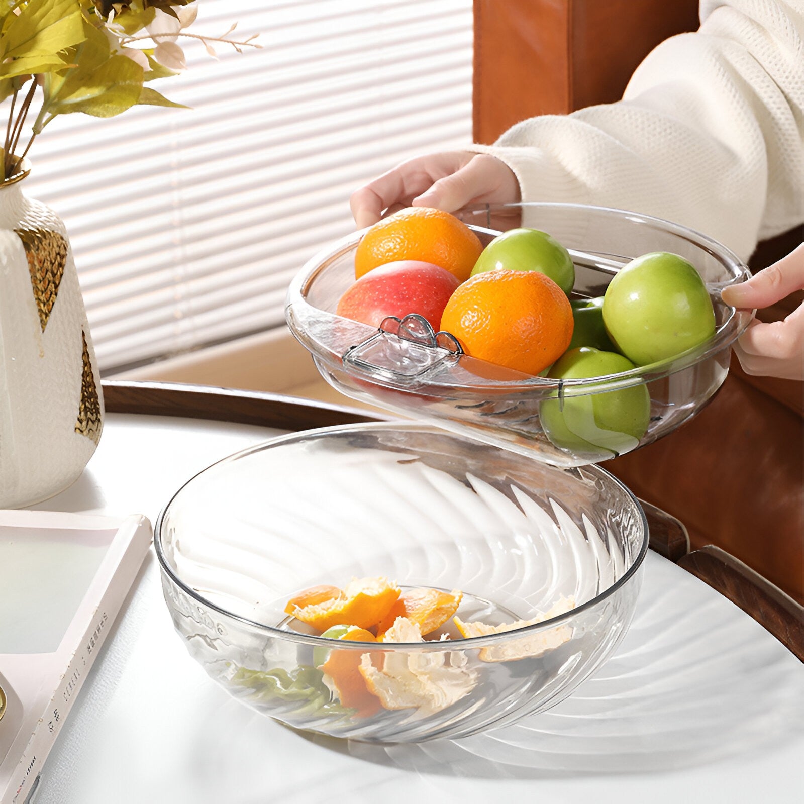 Bol cu Doua Straturi, Flippy, pentru Fructe, Legume, Snacks, cu Strat de Scurgere a Apei, Suport pentru Telefonul Mobil, 22.4x9 cm, Transparent-1