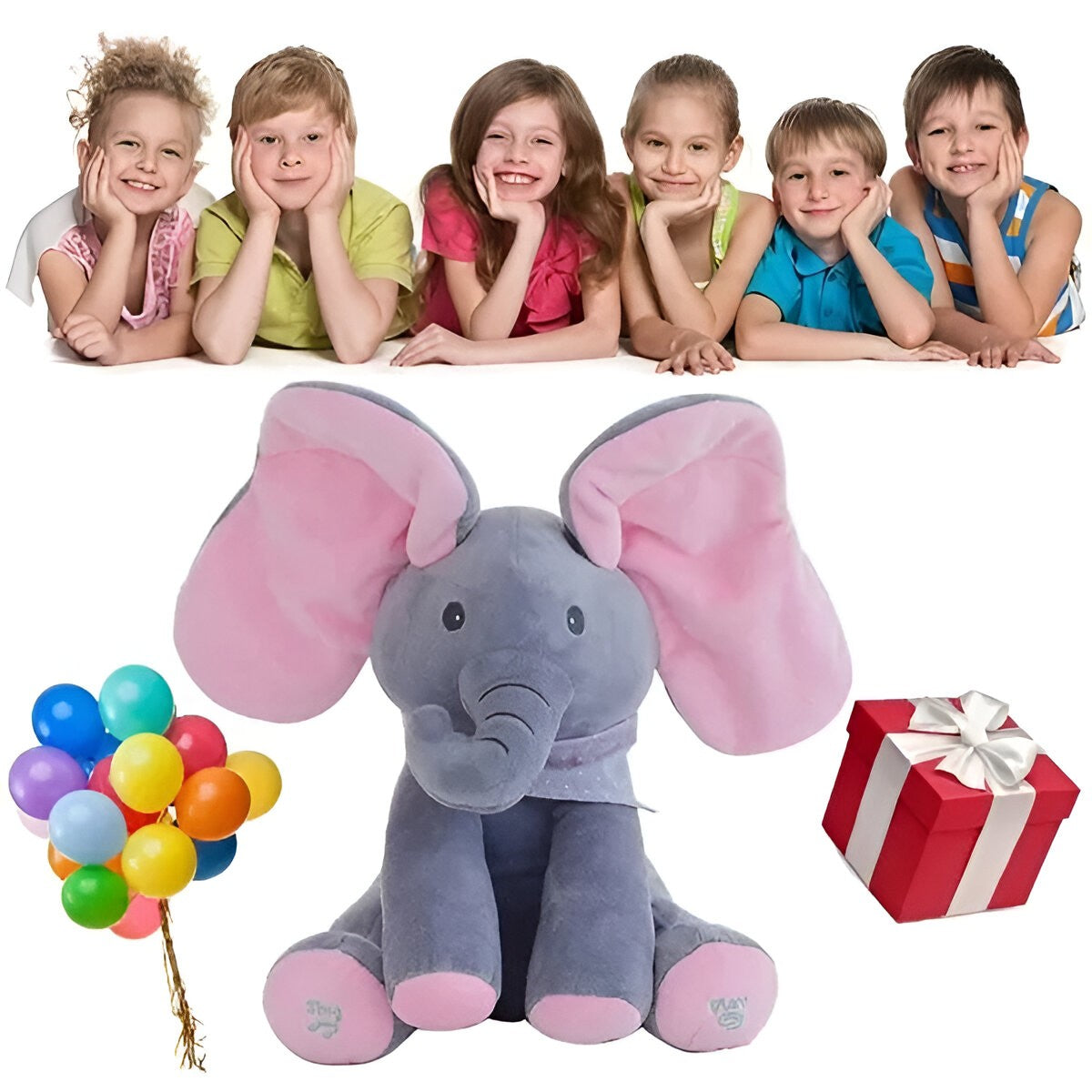 Jucarie Interactiva pentru Copii, Flippy, Elefantel Peek-a-boo, Muzica, Misca Urechile, Alimentare cu Baterii, 30 cm, Roz-Gri-3