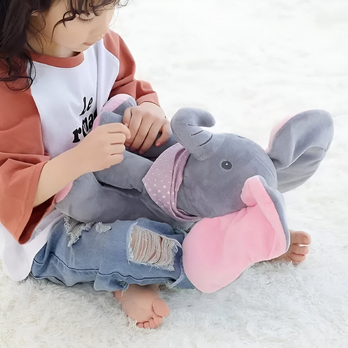 Jucarie Interactiva pentru Copii, Flippy, Elefantel Peek-a-boo, Muzica, Misca Urechile, Alimentare cu Baterii, 30 cm, Roz-Gri-6