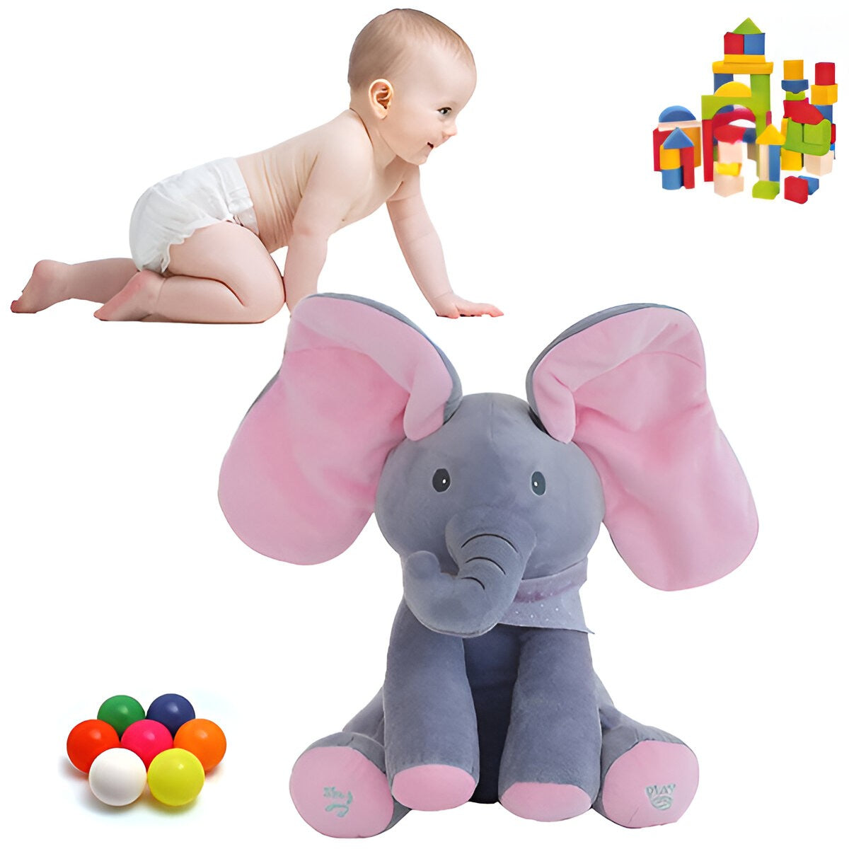 Jucarie Interactiva pentru Copii, Flippy, Elefantel Peek-a-boo, Muzica, Misca Urechile, Alimentare cu Baterii, 30 cm, Roz-Gri-9