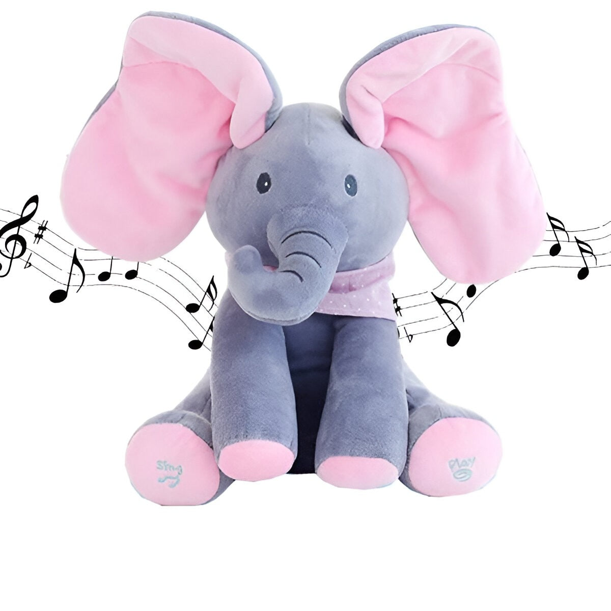 Jucarie Interactiva pentru Copii, Flippy, Elefantel Peek-a-boo, Muzica, Misca Urechile, Alimentare cu Baterii, 30 cm, Roz-Gri-11