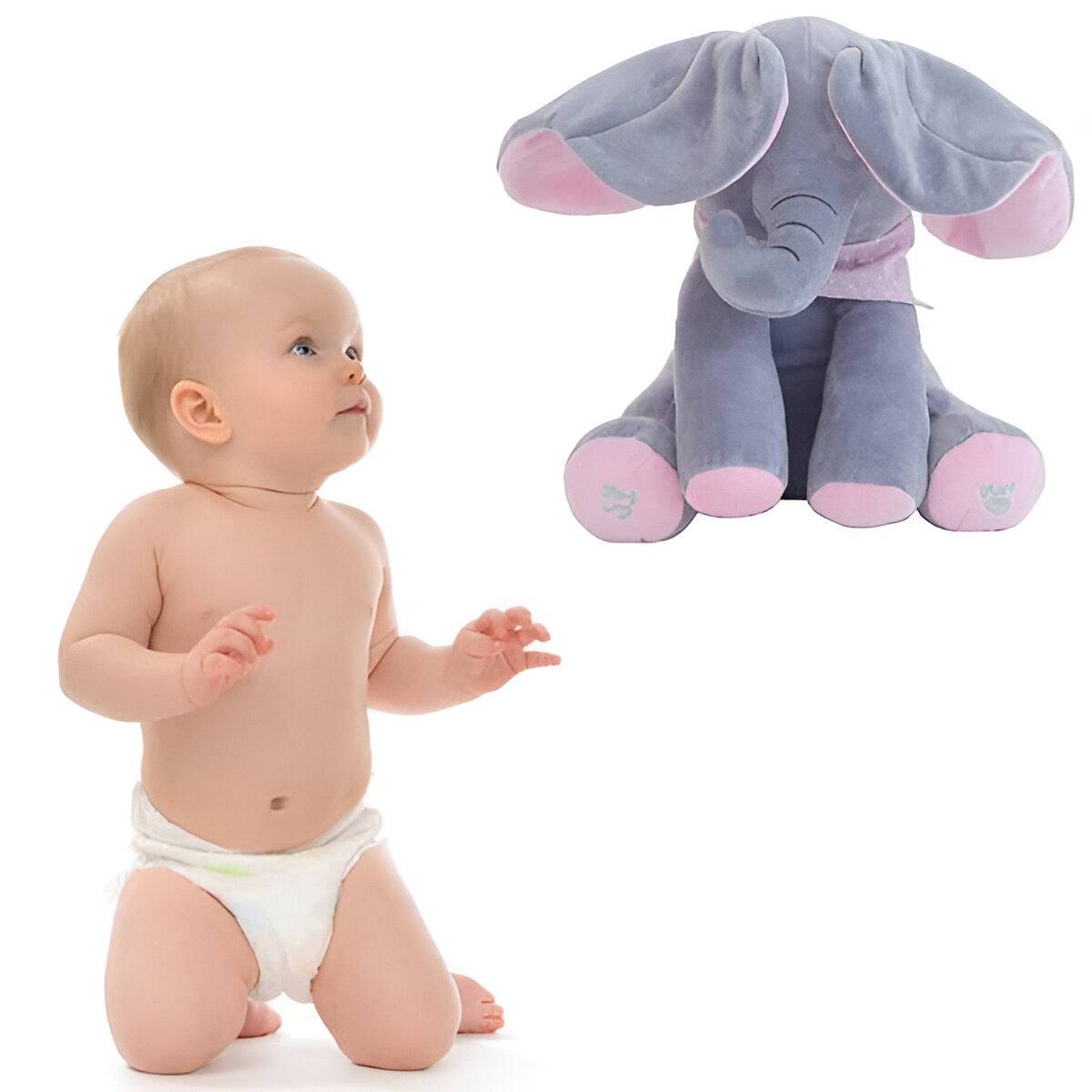 Jucarie Interactiva pentru Copii, Flippy, Elefantel Peek-a-boo, Muzica, Misca Urechile, Alimentare cu Baterii, 30 cm, Roz-Gri-12