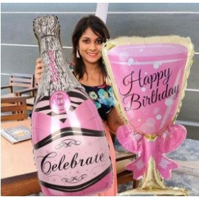 Set 2 Baloane din Folie Metalizata, Flippy, Figurine, Model Sticla de Sampanie 49x94 cm si Pahar, Aniversare, Roz-0