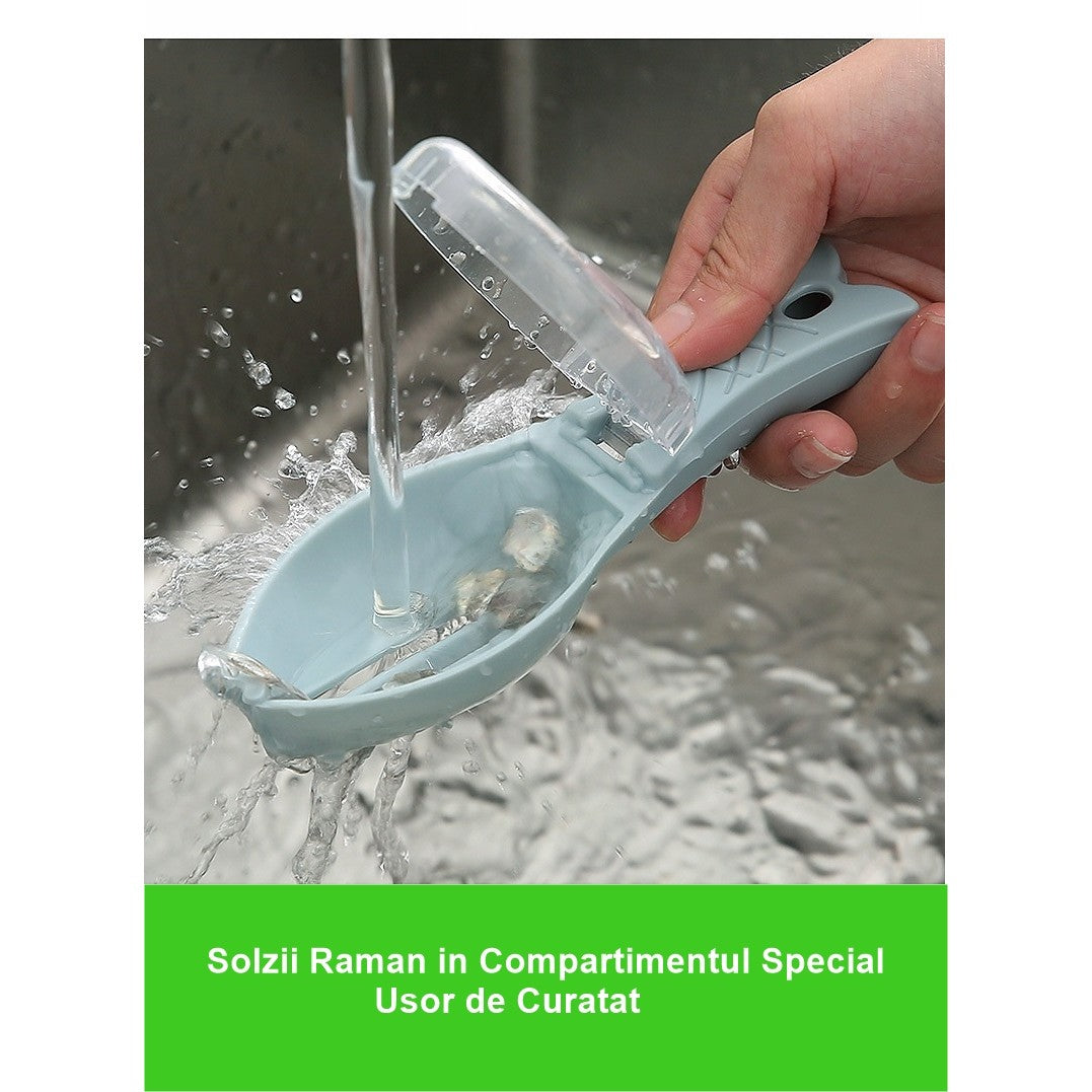 Curatator Manual Solzi de Peste, Flippy, Forma Peste , Recipient cu Capcac pentru Solzi, Plastic, Albastru deschis, 16x6 cm-2