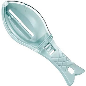 Curatator Manual Solzi de Peste, Flippy, Forma Peste , Recipient cu Capcac pentru Solzi, Plastic, Albastru deschis, 16x6 cm-0